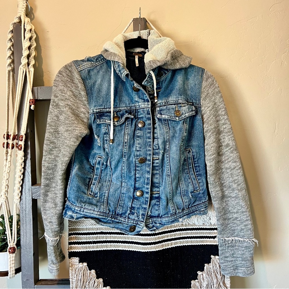 Free People distressed denim gray sleeve and hood jacket size xs